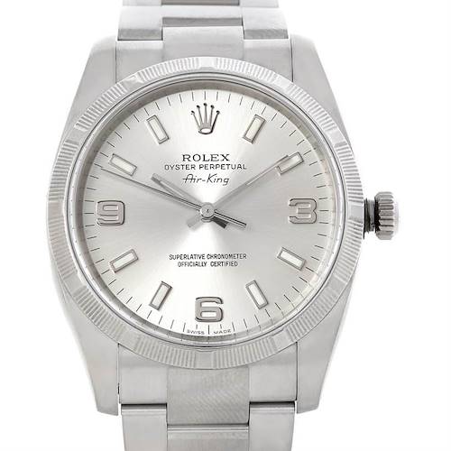 The image shows a front view of a Rolex Air-King watch, highlighting its dial, bezel, crown, and part of the bracelet.