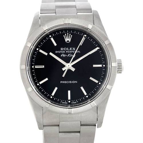 The image shows a front-facing angle of the Rolex Air-King watch, displaying its black dial, silver hands, crown, and bracelet.