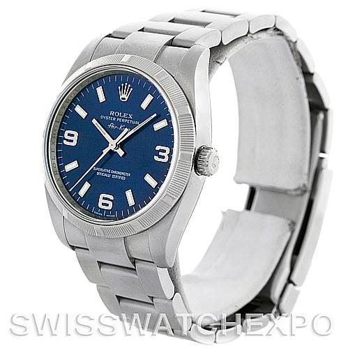 The Rolex Air-King watch is shown at a slight angle, displaying its face, bezel, crown, and part of the bracelet.