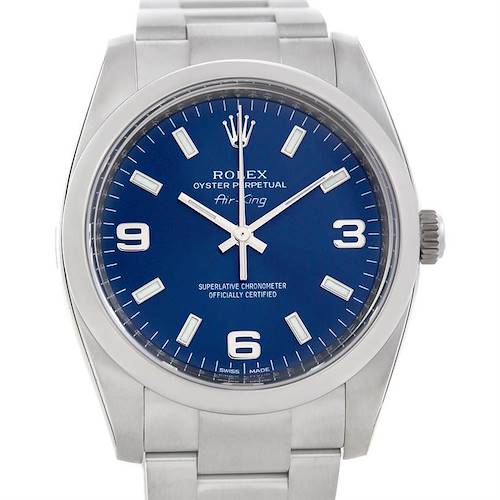 The image shows a front view of a Rolex Air-King watch, displaying its blue dial, stainless steel case, and bracelet.