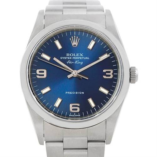 This image shows a front view of the Rolex Air-King watch, displaying its blue dial, hour markers, and stainless steel bracelet.