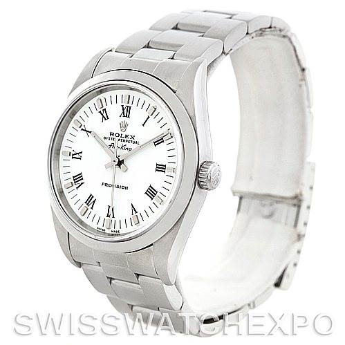 The image shows a frontal angle of the Rolex Air-King watch, displaying the face, crown, and bracelet.