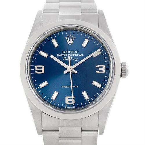This image shows a front view of the Rolex Air-King watch, highlighting its blue dial, stainless steel case, and bracelet.