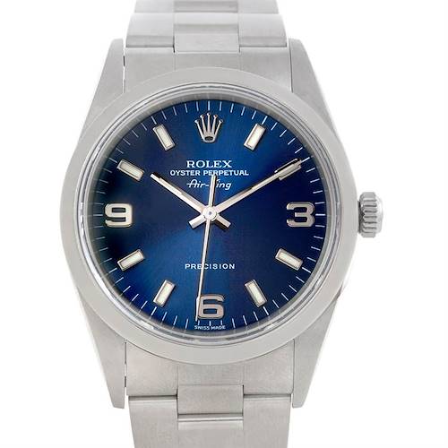 The Rolex Air-King watch is shown from a front angle, featuring its blue dial and the crown, hour markers, and stainless steel bracelet.