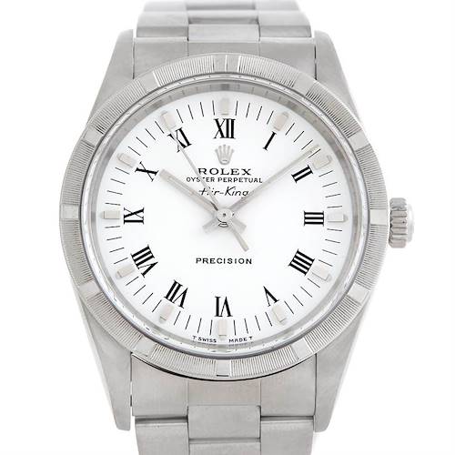 The Rolex Air-King watch is shown from a front angle, displaying the face, bezel, crown, and part of the band.