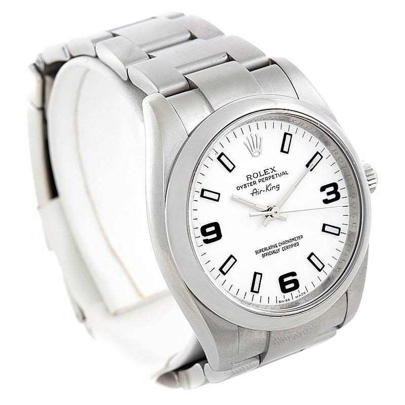 The image shows a front angled view of the Rolex Air-King watch, featuring its dial, bezel, and part of the bracelet.