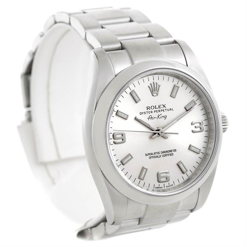 The image shows a Rolex Air-King watch at a front-side angle, displaying the dial, bezel, case, and bracelet.