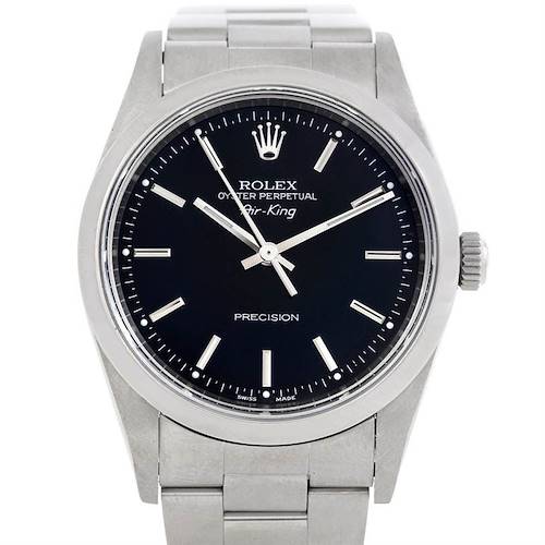 This is a front-angle view of a Rolex Air-King watch showing the dial, crown, and part of the bracelet.