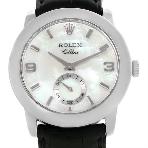 The Rolex Cellini watch is shown from a front angle, highlighting its dial, hands, crown, and leather strap.