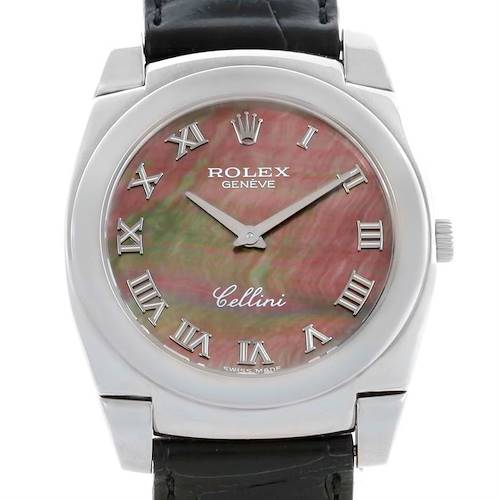 The image shows a front view of a Rolex Cellini watch with a pink dial, Roman numerals, and a black leather strap.