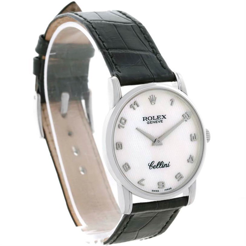 The image shows a Rolex Cellini watch at an angled view, highlighting the dial, case, and leather strap.