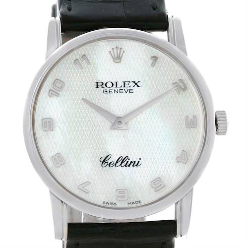 The image shows a front-facing view of the Rolex Cellini watch, highlighting the dial, case, crown, and part of the leather strap.