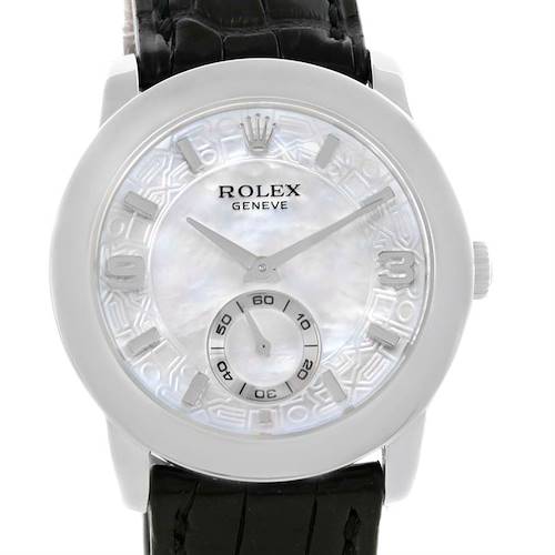 This image shows a front view of the Rolex Cellini model, highlighting its face, dial, and black leather strap.