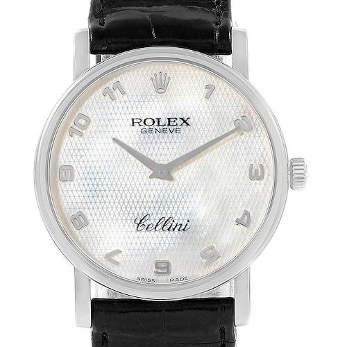 This image shows a front view of the Rolex Cellini watch, displaying its face, hands, dial, and part of the leather strap.