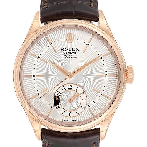 The image shows a front view of the Rolex Cellini watch, displaying the face, hands, crown, and leather band.