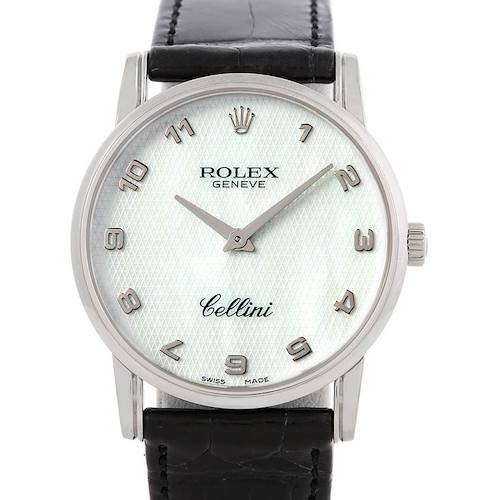 The image shows a front view of the Rolex Cellini watch, highlighting its dial, numerals, hands, crown, and leather strap.