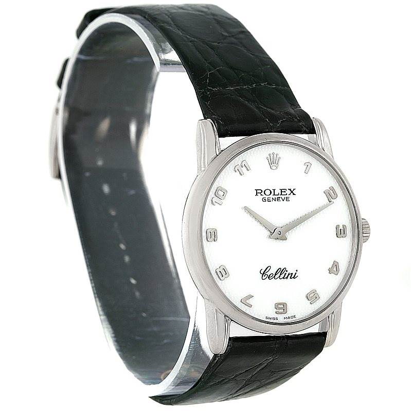 This image shows a front angle of the Rolex Cellini watch displaying its face and black leather strap.