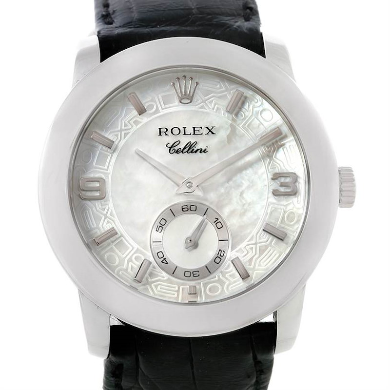 The image shows a front view of the Rolex Cellini watch, highlighting its dial, hands, and leather strap.