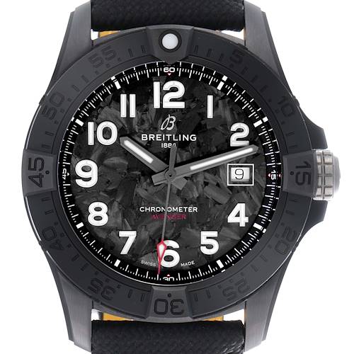 The Breitling Avenger watch is shown from a front angle, highlighting the dial, bezel, and part of the strap.