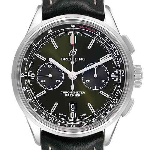 The image displays the front view of the Breitling Premier watch featuring a black dial, chronograph subdials, and tachymeter scale.
