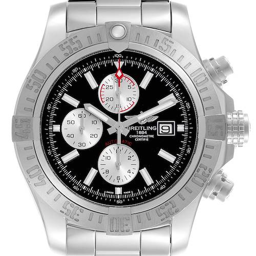 The Breitling Avenger watch is shown from a front view, highlighting the dial, bezel, and pushers.
