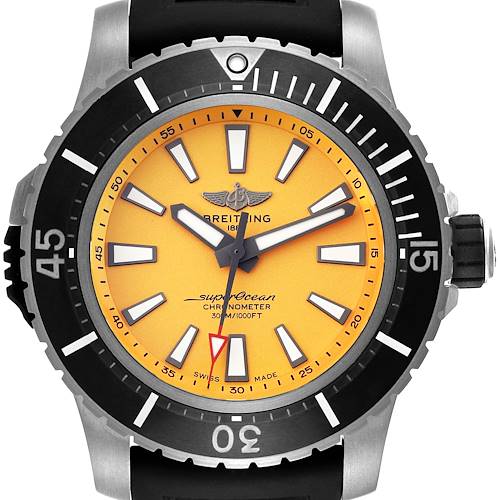 The image shows a front view of the Breitling Superocean watch, highlighting its yellow dial, black bezel, indices, and hands.