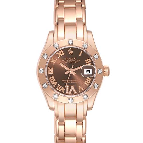 The Rolex Pearlmaster watch is shown from the front, displaying its dial, bezel with diamonds, crown, and bracelet.