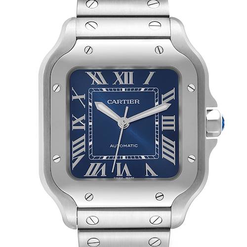 The close-up image shows the face, bezel, crown, and part of the bracelet of the Cartier Santos watch.