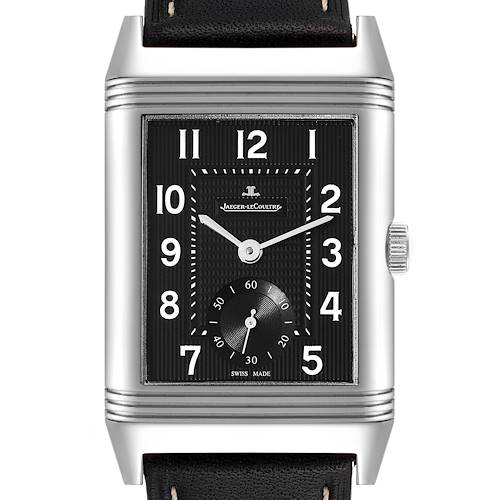 This image shows a front view of the Jaeger LeCoultre Reverso watch, highlighting the black dial, numerals, and leather strap.