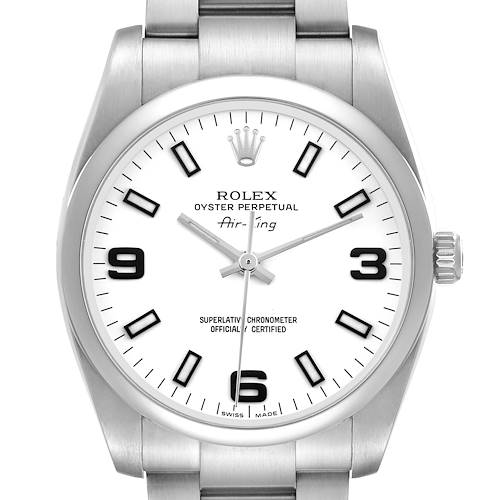 The image shows a front view of the Rolex Air-King watch, highlighting the dial, hands, and bracelet.