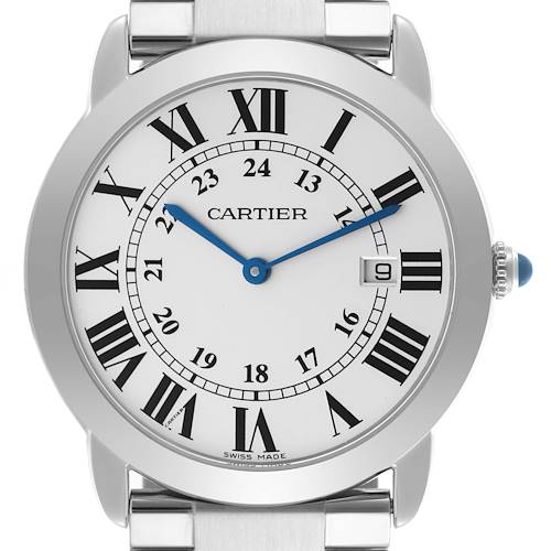 The Cartier Ronde watch is shown from the front, highlighting the face, Roman numerals, and crown.