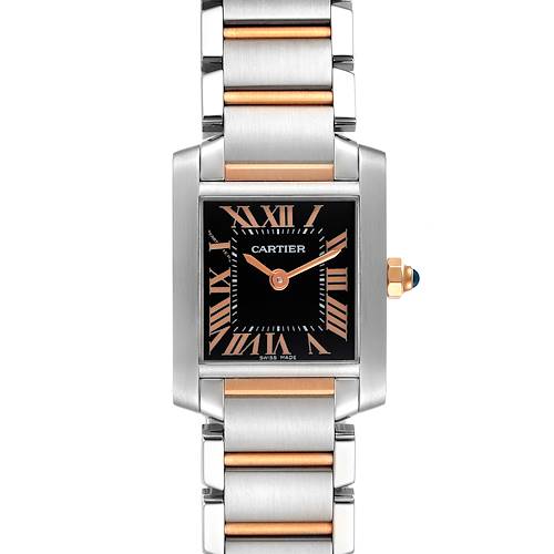 This image shows a Cartier Tank Francaise watch at a straight-on angle, highlighting its face and bracelet with gold and steel accents.