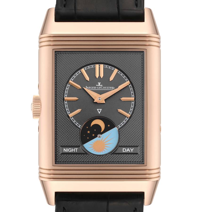 This image shows a frontal view of a Jaeger LeCoultre Reverso watch, highlighting its dial and day-night indicator.