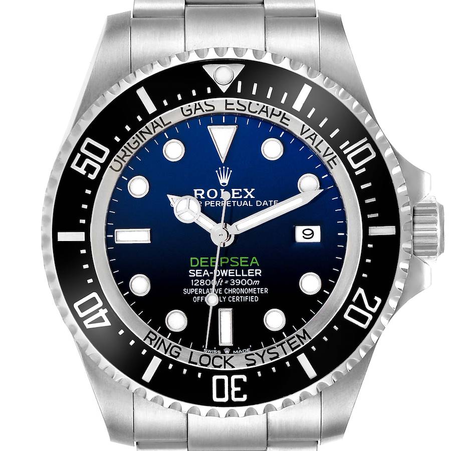 The Rolex Sea-Dweller watch is shown from the front, displaying its dial, bezel, and part of the bracelet.