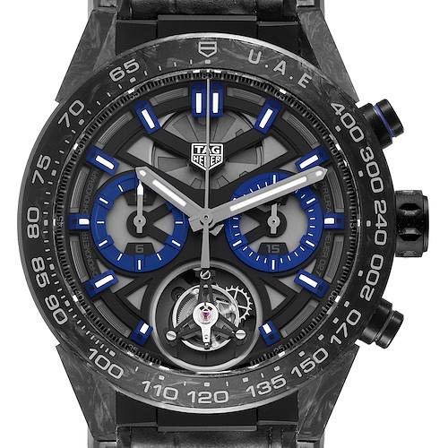 The Tag Heuer Carrera watch is shown from the front, displaying its dial, subdials, hands, and bezel.
