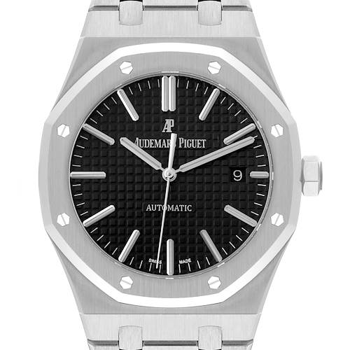 The image shows a front view of an Audemars Piguet Royal Oak watch, highlighting the dial, bezel, hands, bracelet, and crown.
