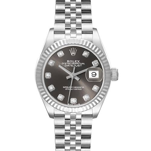 The image shows a frontal view of the Rolex Datejust watch, highlighting its dial, bezel, crown, and part of the bracelet.