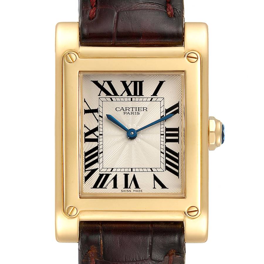 This image shows a top-front view of a Cartier Tank A Vis model with a rectangular face and leather strap.