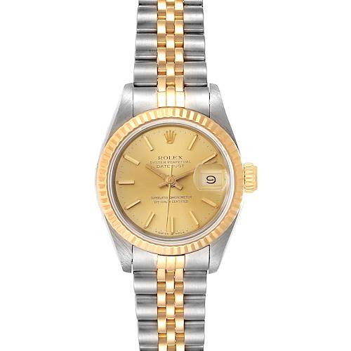 The Rolex Datejust watch is shown from a top-down angle, displaying its face, bezel, and two-tone bracelet.