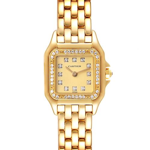 The image shows a Cartier Panthere watch face and bracelet, viewed from a top-down angle.
