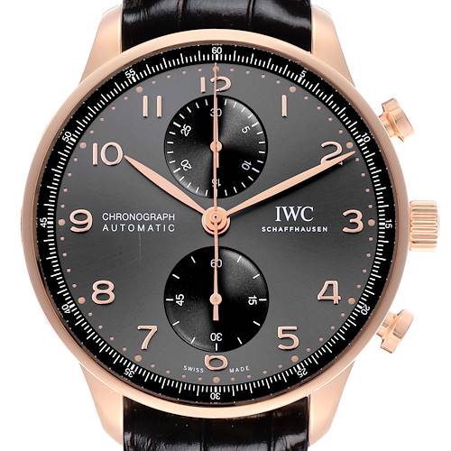 The IWC Portuguese model watch is shown from a front angle, displaying the dial, hands, sub-dials, and crown.