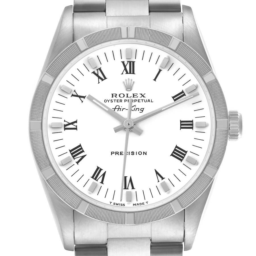 The image shows the Rolex Air-King watch from a front angle, highlighting the dial, bezel, crown, and part of the bracelet.