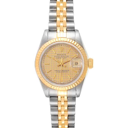 This image shows a front view of a Rolex Datejust watch, highlighting its dial, bezel, and two-tone bracelet.