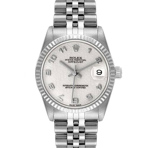 The image shows a front view of a Rolex Oyster Perpetual Datejust Mid-Size model, displaying the dial, hands, bezel, and bracelet.