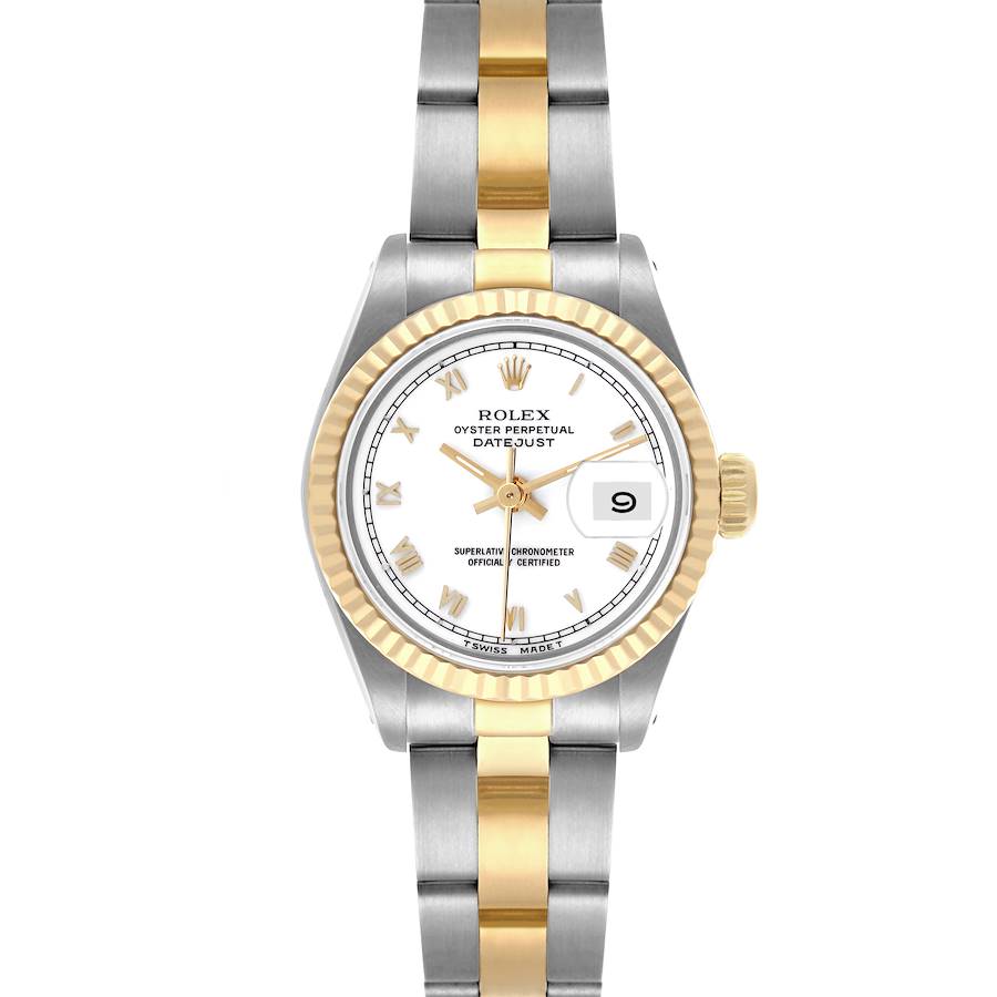 The image shows a frontal view of a Rolex Datejust watch, displaying the bezel, dial, hands, and part of the bracelet.