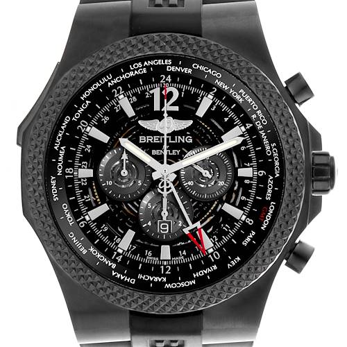 The Breitling Bentley watch is shown from a front angle highlighting the dial, subdials, and bezel.