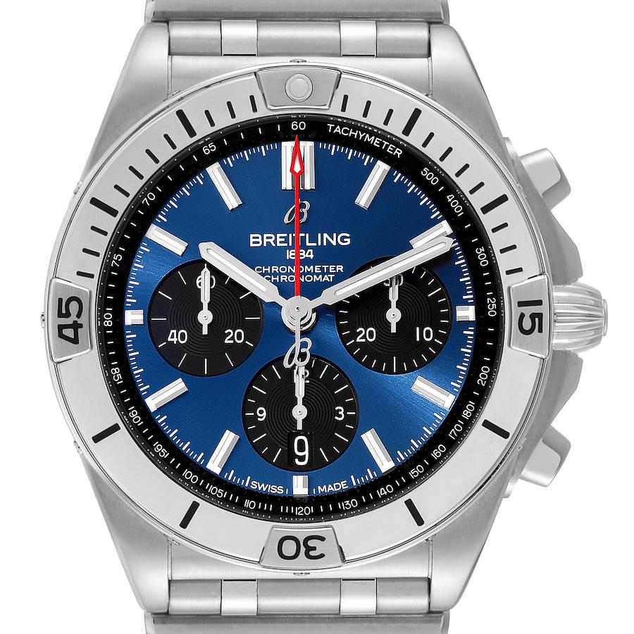 This image shows a front view of a Breitling Chronomat watch, highlighting its blue dial, chronograph subdials, and stainless steel bracelet.
