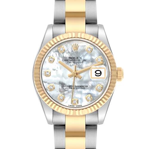 The Rolex Mid-Size watch is shown from the front, featuring a gold and silver bracelet, a diamond-accented mother-of-pearl dial, and a date window.