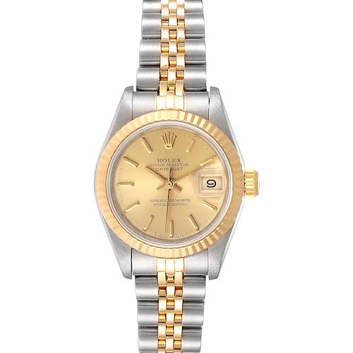 The Rolex Datejust watch is shown from a top-down view, displaying its face, bezel, and bracelet.