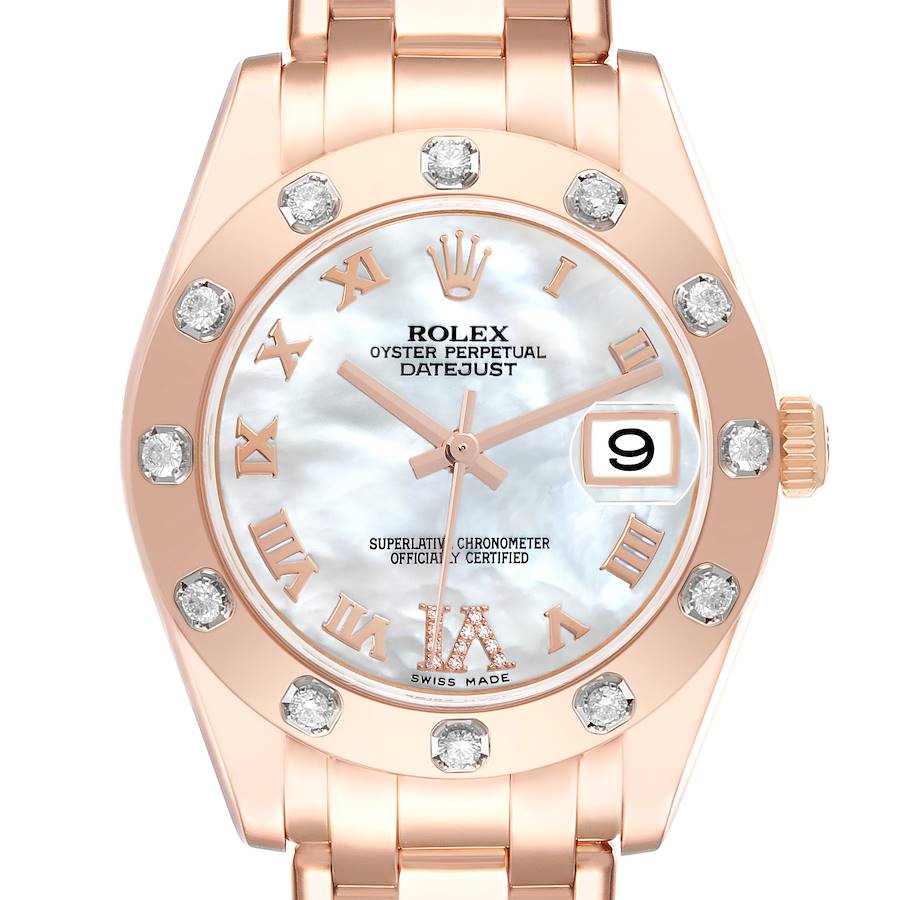 The Rolex Pearlmaster watch is shown from a top-down angle, highlighting its face, bezel with diamonds, and part of the bracelet.